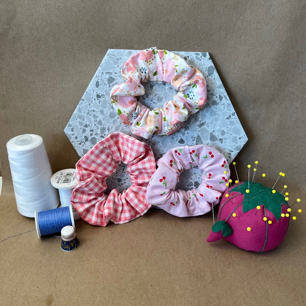 Set of 3 Handmade Coquette Scrunchies – Pink Blossom, Pink Gingham, and Cherry